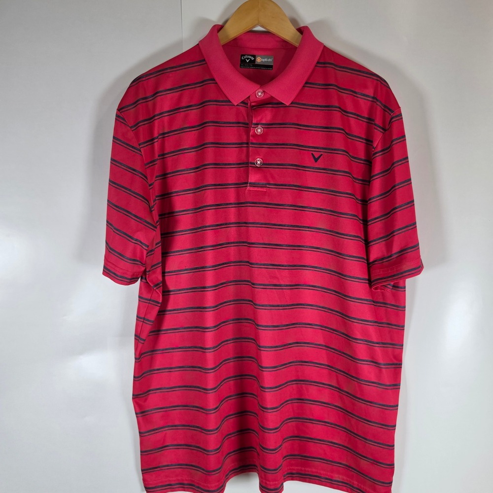 Callaway Opti-Dri Mens XL Golf Polo Shirt Red Navy Blue Striped Short Sleeve